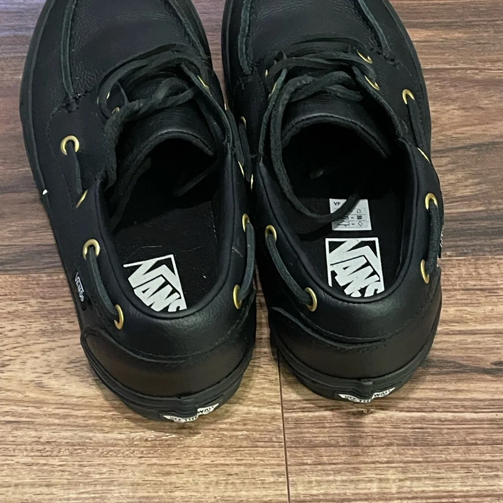 Vans Black Leather Unisex Boat Shoe with Gold Eyelets